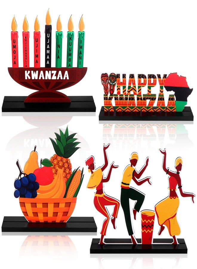 Shknldzsm 4Pcs Happy Kwanzaa Table Centerpiece Wooden Sign Table Topper Kwanzaa Kinara African Drum Fruit Table Signs Decorations for African Heritage Holiday Party Supplies - Image 1